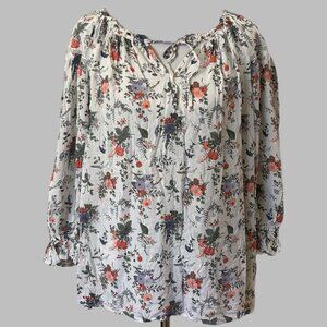 Est 1946 Blouse Top 22/24W White Purple Floral Boho Flowy 3/4 Sleeve Keyhole